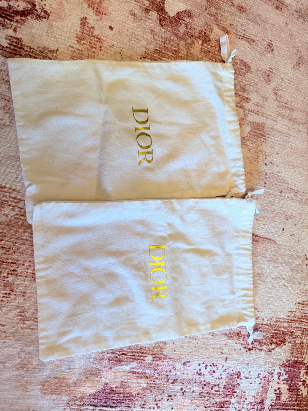 Dior Cream Drawstring Dust Bags with Gold Logo (Pair)